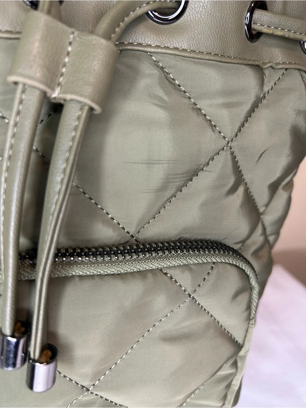 Steve Madden Olive Quilted Drawstring Bucket Crossbody Bag